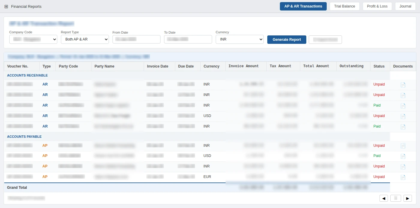 AP and AR transaction report with vouchers, parties, amounts, outstanding and status