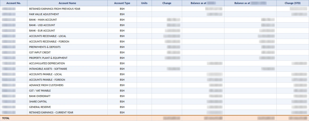 Balance sheet Excel output with assets, liabilities and equity