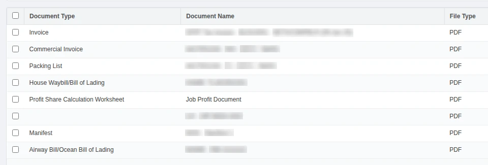 Read-only portal documents list: invoice, commercial invoice, packing list, house waybill, manifest and airway bill, each with a download button