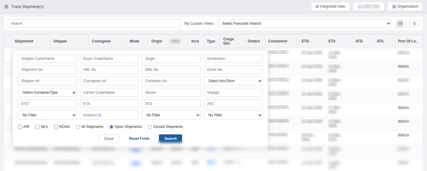 Read-only portal shipment search with filters for shipper, HBL, MBL, container, order, vessel and dates