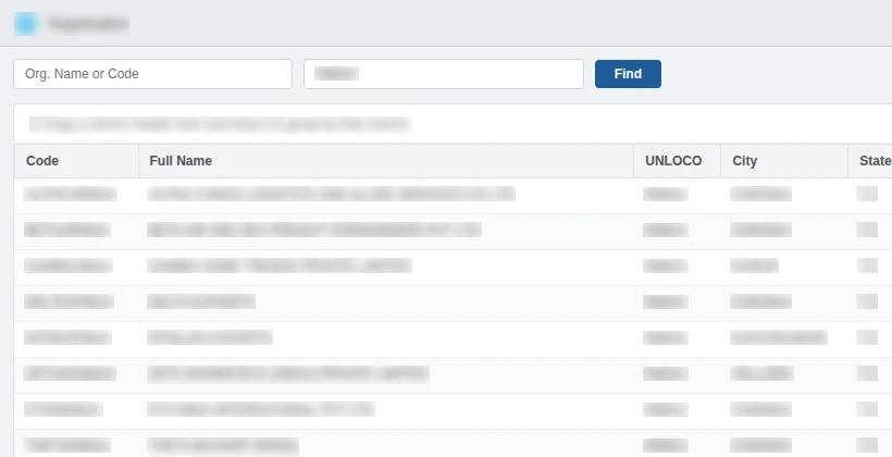 Read-only portal organization list with codes, names, UNLOCO, city, active status and role flags