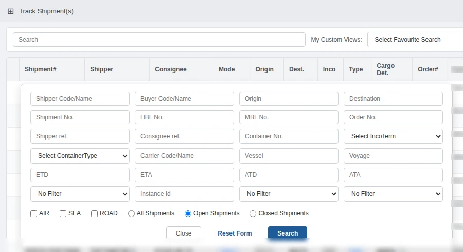 Read-only portal shipment search panel with filters for shipper, buyer, HBL, MBL, container, order, vessel and dates